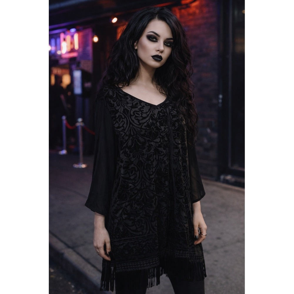 Catherine's Black Velvet Burnout Damask Fringe Tunic Top 2X 22/24W Dark Floral